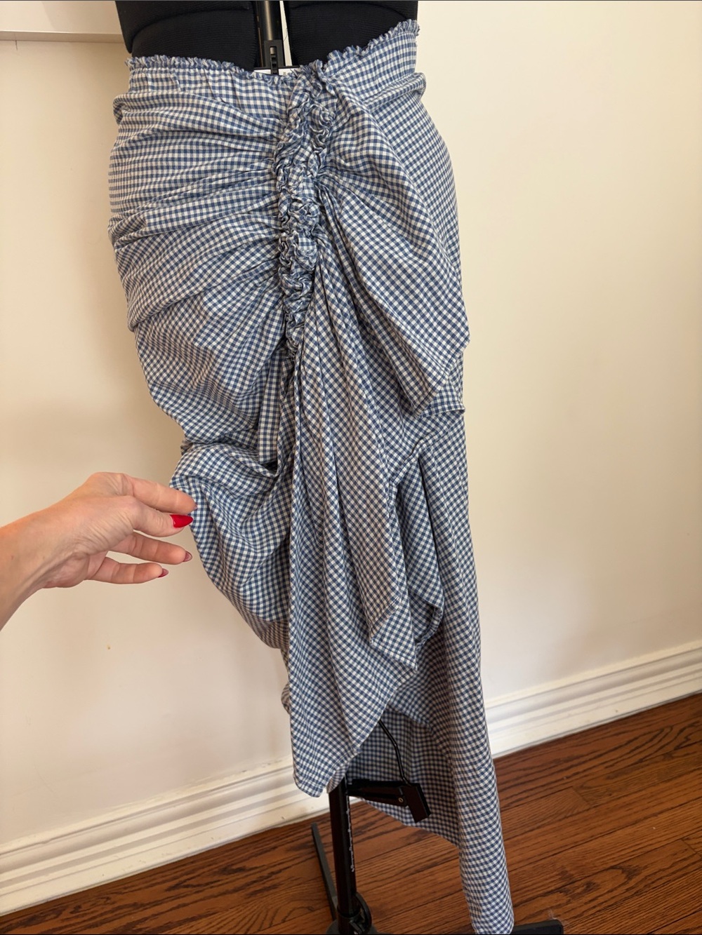 Blue Gingham Asymmetrical Ruched Skirt